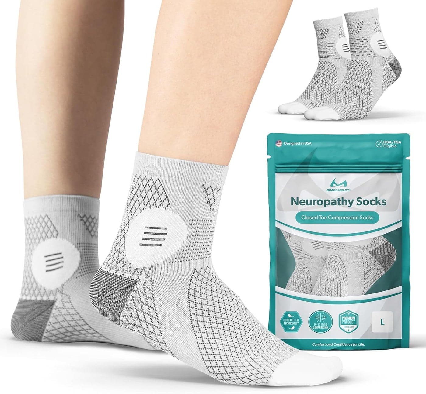 BraceAbility Closed Toe Neuropathy Socks Diabetic Socks for Women and Men Foot Pain Relief Circulation AntiNeuropathy Foot Fatigue Compression Nerve Support 1 Pair Small Gray