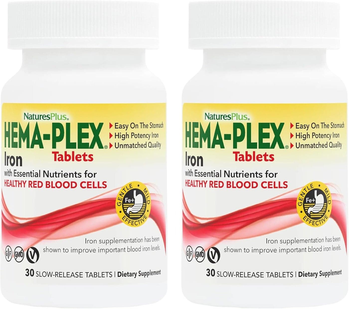 NaturesPlus HemaPlex Iron 30 SlowRelease Tablets Pack of 2 Total Blood Health 85 mg Chelated Iron with Vitamin C Bioflavonoids Non GMO Vegetarian Gluten Free 60 Total Servings