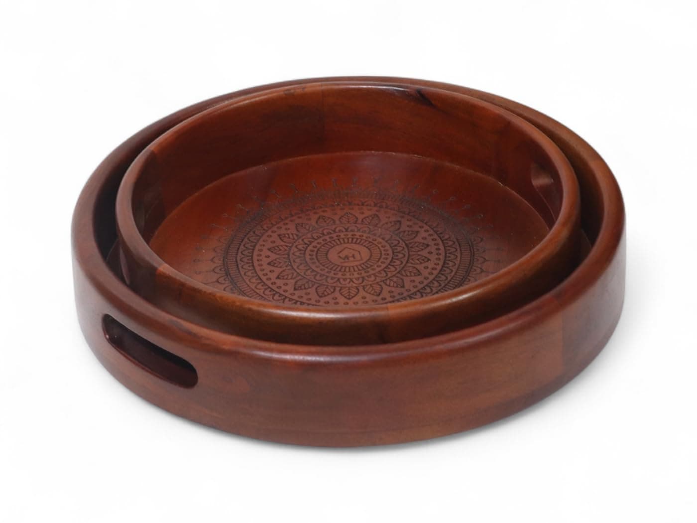 Vesta Homes Set of 2 Aurelia Premium Wood Round Serving Tray for Home/Kitchen/Restaurant/Office Organizer/Dining Table|Premium Wooden Trays|35.5 X 35.5 ; 30.5 x 30.5 cm | Handcrafted in India