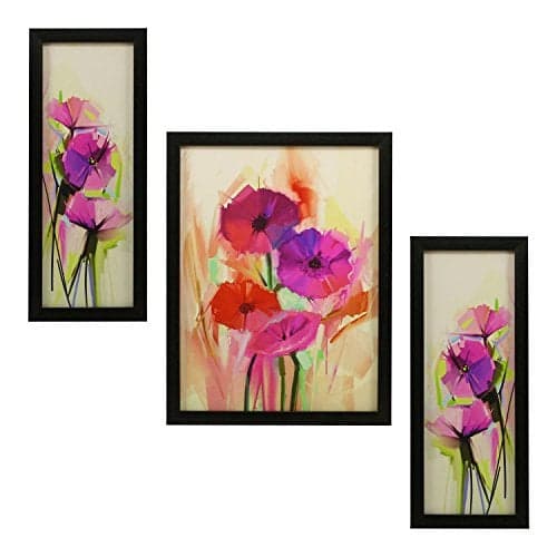 Indianara 3 Pc Set of Floral Paintings (1063) Without Glass 5.2 X 12.5, 9.5 X 12.5, 5.2 X 12.5 Inch