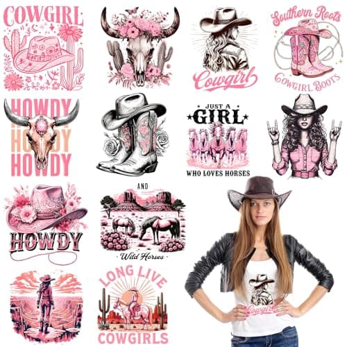 Fainne 12 Sheets Dtf Transfers Ready to Press Western Cowgirl Iron on Patches for TShirts Pink Western Cowgirl Heat Transfer Vinyl Stickers for Women Iron on Decals for Clothing Jackets DIY Bags