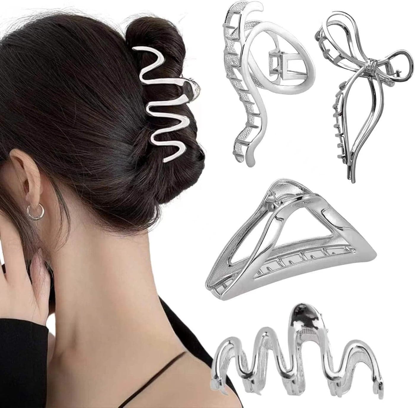 4 Pcs Metal Hair Claw Clips for Thick Hair claw silver Metal Strong Hold Jaw Clips for Women and Girls, Irregular Large Clips for Women, Non-Slip Styling Accessories