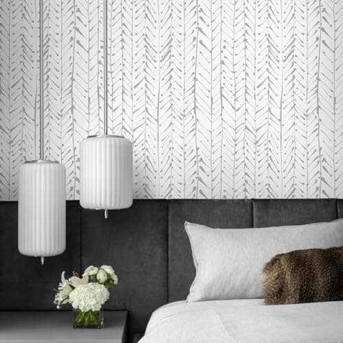 Guvana 1614x197 Herringbone Striped Wallpaper Grey and White Modern Contact Paper Self Adhesive Wall Paper Waterproof Removable Wallpaper for Livingroom Bathroom Decor
