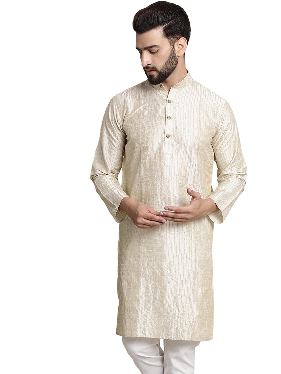 SOJANYA (Since 1958 Men's Silk Blend Cream Color Striped Design Only Long Kurta