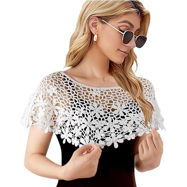 SANNIDHI® Lace Shrugs for Women Stylish Cape Poncho for Women, Shrug Top for Woman, Floral Pattern Loose Knit Cover Up Wraps, Hollow Out Capelets for Evening Dress, Strapless, Off-shoulder, Beachwear