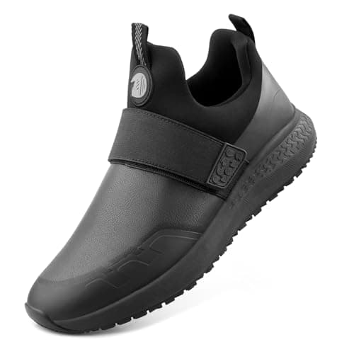 Delobi Non Slip Work Shoes for Men Slip On Food Service Kitchen Chef Restaurant Shoes Waterproof Slip Resistant Walking Sneakers Lightweight Comfortable Working Footwear Leather Size 75 Black