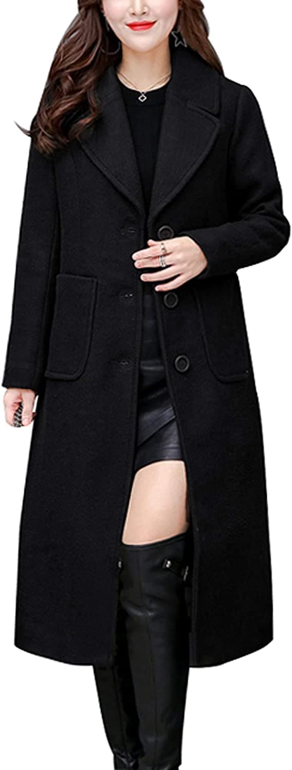 chouyatou Womens Big Notch Lapel Single Breasted MidLong Wool Blend Coat Small Black