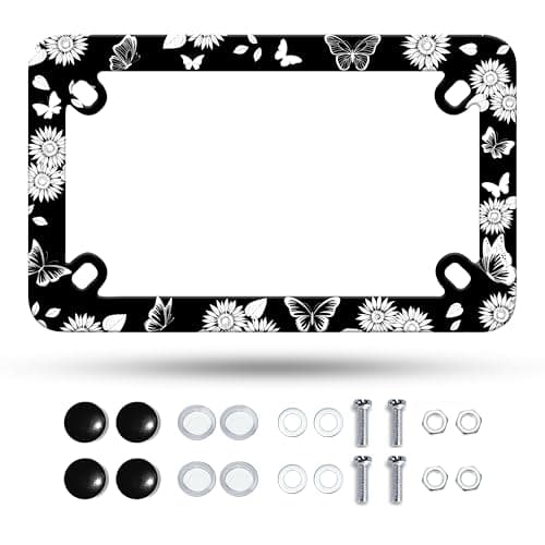Motorcycle Black White Sunflower Butterfly License Plate Frame Stainless Steel Material Funny Motorbike License Plate Holder Motorcycle Accessories 7 X 4 Inch