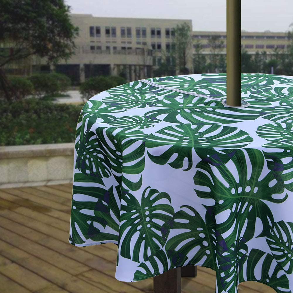 Melaluxe SpringSummer WrinkleFree Waterproof Outdoor Tablecloth with Umbrella Hole and Zipper Green Leaves 60 RoundZippered