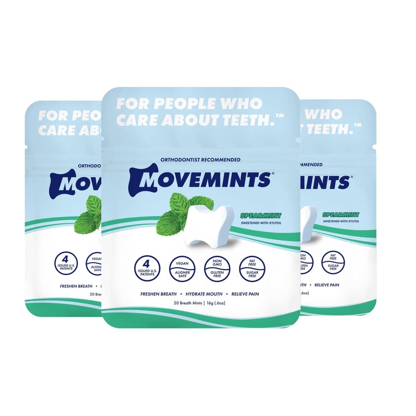 Movemints Clear Aligner Mints Patented Edible Alternative to Chewies Freshen Breath and Improve Dry Mouth with Xylitol Spearmint 3 Pack