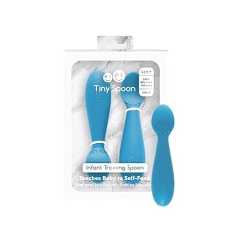 ezpz Tiny Spoon 2 Pack in Blue 6 Months 100 Silicone Spoon for Baby Led Weaning Purees Designed by a Pediatric Feeding Specialist Shower Essentials Gifts