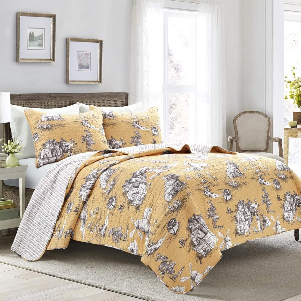 Lush Decor French Country Toile Cotton Reversible 3 Piece Quilt Set Yellow Gray King