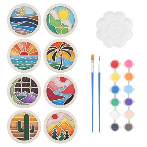 Temlum Wooden Coasters Painting Kit Paint You Own Coaster Wooden Painting Craft Kit for Adults and Beginners Art Craft Supplies Landscape