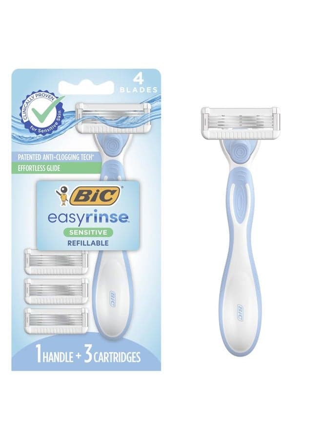 EasyRinse Sensitive Anti-Clogging, Refillable Women's Razors With 4 Blades, 1 Razor Handle and 3 Refill Razor Cartridges Razor Kit