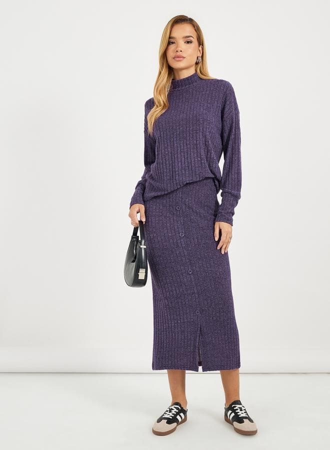 High Neck Knitted Top And Midi Skirt Co-Ords
