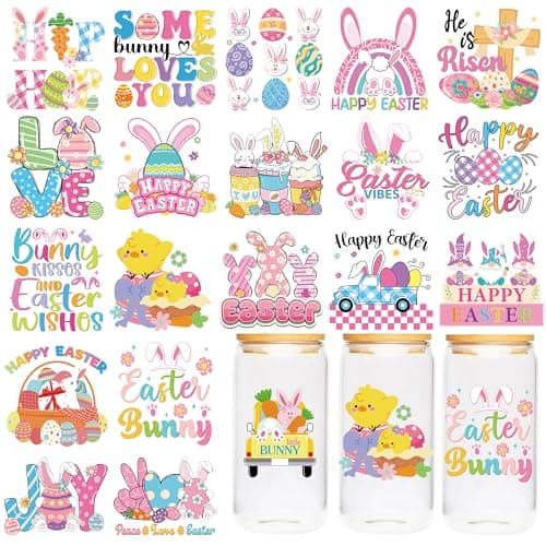 UV DTF Cup Wraps Stickers 20 Sheet Easter UV DTF Transfer Stickers Bunnies UVDTF Cup Wraps for 16 oz Glass Cartoon Design DIY Crafts Gifts for Kids Teens