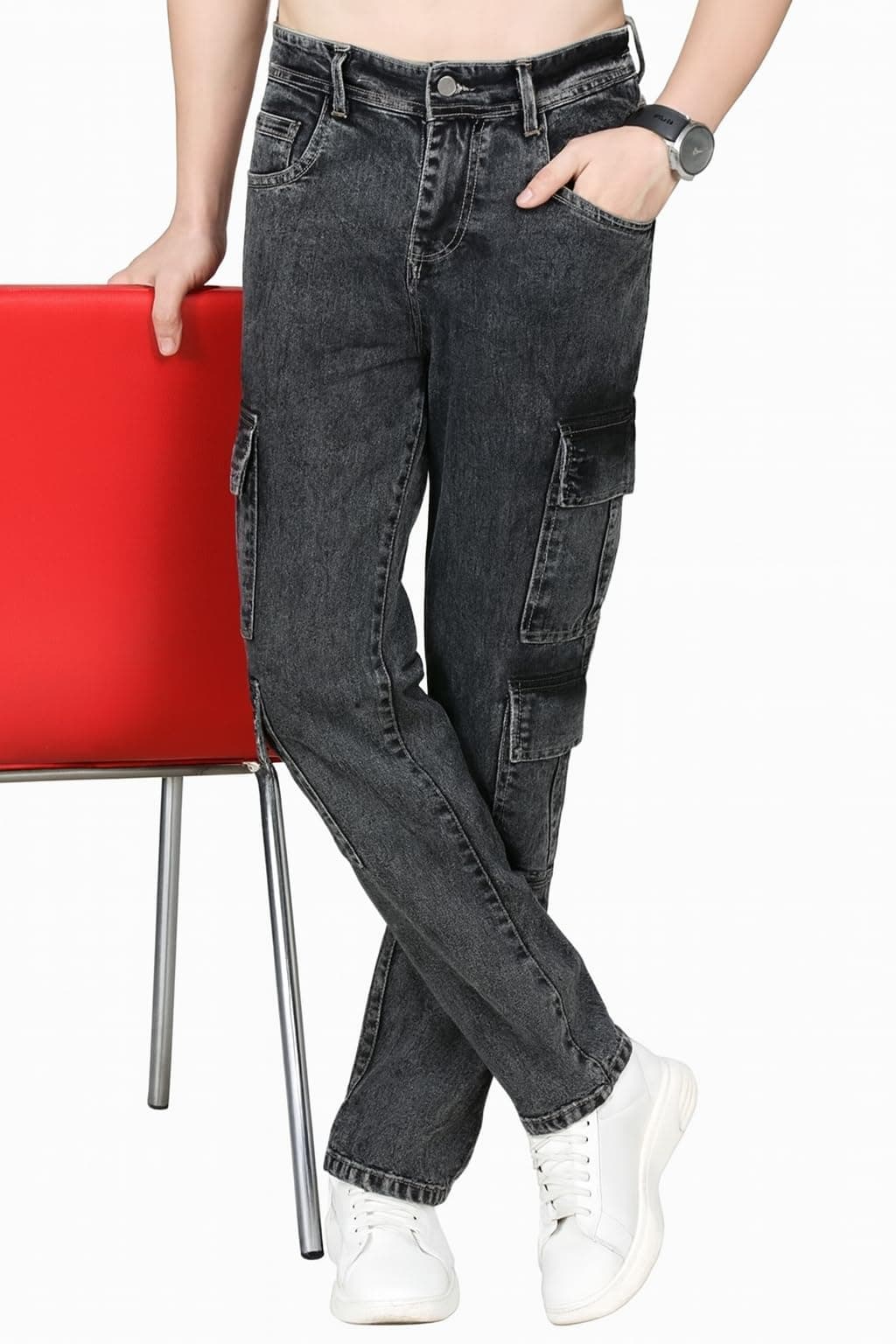London Hills Cargo Pants for Men Casual Jeans Eight Pockets | Relaxed Fit Comfort Jean for Men Black