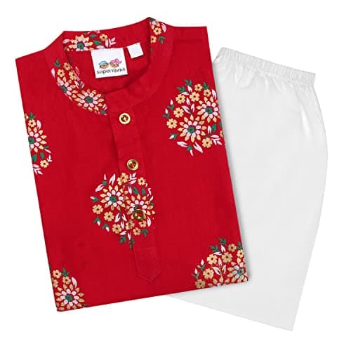 superminis Boys Cotton Kurta Pyjama Set | Gold Foil Printed Ethnic Wear for Kids | Baby Boy Kurta Set with Elastic Pyjama | Festival & Wedding Outfit (Red, 6-7 Years)