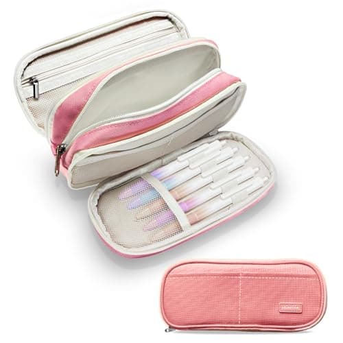HOMTEK Large Capacity Pencil Case Pouch for Girls & Boys, Extra Big Pencil Bag with 3 Compartments, Cute Stationery Organizer with Zipper, Stationery Gift for Kids School College (Pink)