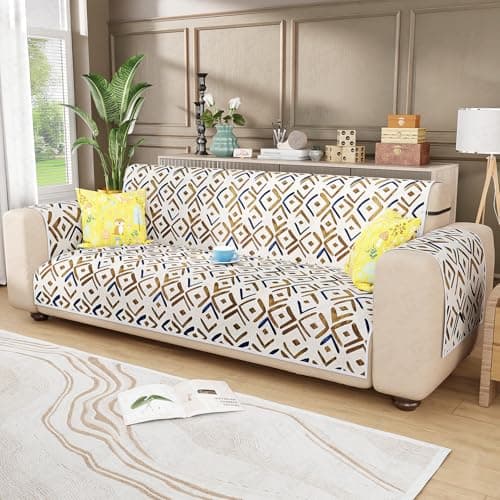 Lukzer 3 Seater Quilted Reversible Terra Bloom Design Sofa Cover Mat with Arms | Polyester Blend 350 GSM Full Coverage & Back Belt for Stability | Washable Furniture Protector (170-180CM/SC-205-03)