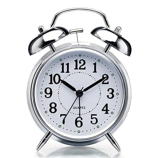 STL Retro Alarm Clock Twin Bell with Night LED Function Non Ticking Metal Frame High Volume Bedside Alarm for StudentsBedroomOffice Silver