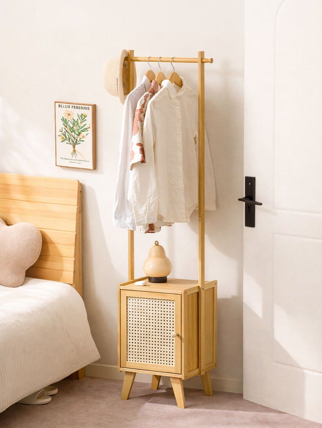 2 in 1 Freestanding Bamboo Clothes Rack with Storage Cabinet, Wood Open Wardrobe Garment Rack with Hanging Rail, Bedside Table, Heavy Duty Coat Stand Organizer for Bedroom, Entryway and Living Room