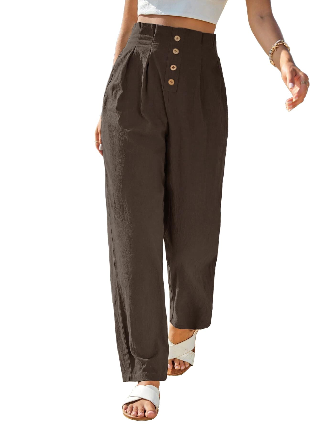 TOPLOT Women High-Waist Pants || Trousers for Woman || Relaxed Fit Pant (Pleated-Pant-5194-Dark Beige-28)