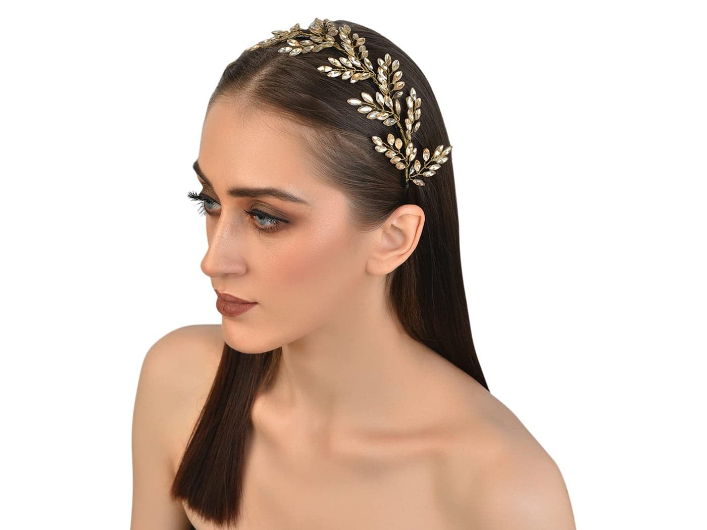 Vogue Hair Accessories Metal Handmade Crystal Leaf Fancy Party Hairband for Girls and Women (Gold)