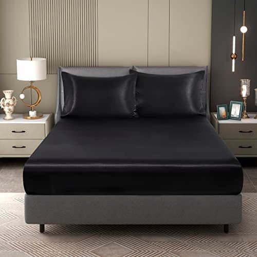 Counfeisly Queen Size Satin Fitted Sheet Silky and Breathable Luxury Deep Pockets Fitted Sheet Only Black
