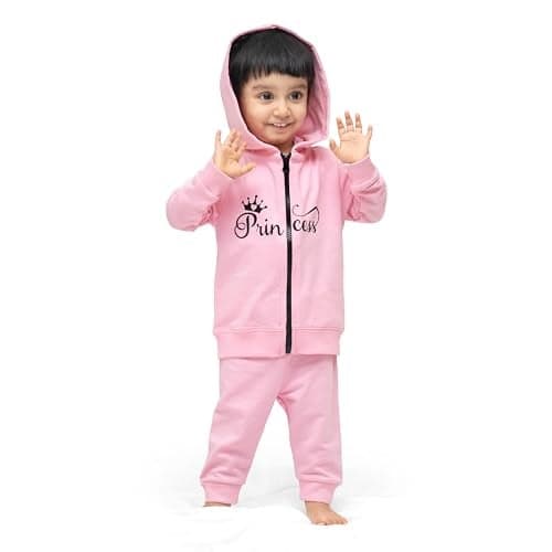 ARIEL Kids Cotton Fleece Full Sleeve Zipper Hoodie Sweatshirt & Sweatpant Clothing Set for Girls (PINKZIPPRINCESS_12-18 month)-N