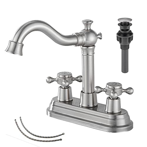 Bathroom Faucet Brushed Nickel GGStudy 2 Handles 4 Inches Centerset Bathroom Vanity with Drain Assembly and Supply Hose Lavatory Mixer Double Handle Tap