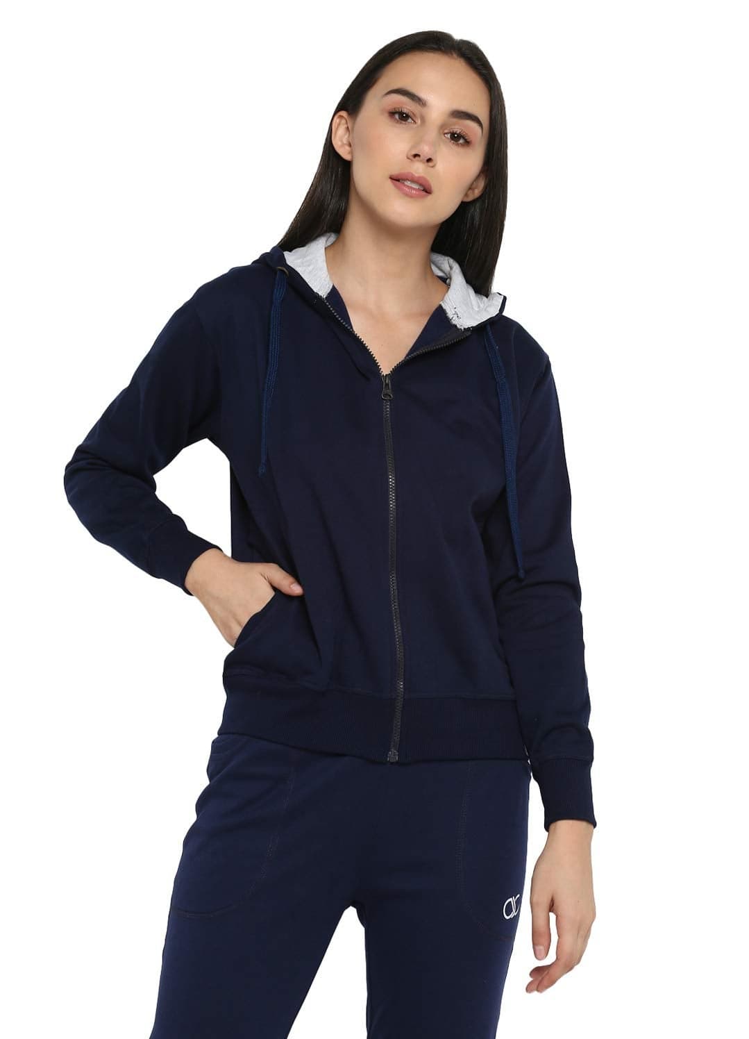Alan Jones Clothing Women's Solid Zipper Hooded Sweatshirt | Front Zip, Ribbed Hem, Lined Hood, Casual Winter Wear (Navy_M)