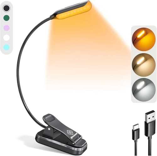 Glocusent Willow Book Light for Reading in Bed 10LED Bright Reading Light 3 Colors 3 Brightness Rechargeable Book Light Lasts for 80hr Lightweight Clip on Book Light Perfect for Book Lovers