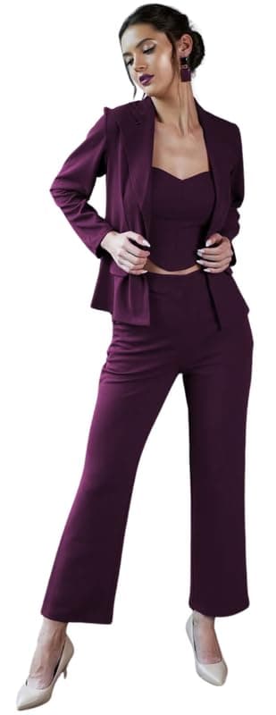 Impression Fab® Elegant Western Cord Set for Women, Professional Women's 3-Piece Business Suit Set, Blazer with Crop Top and Wide-Leg Trousers Wine