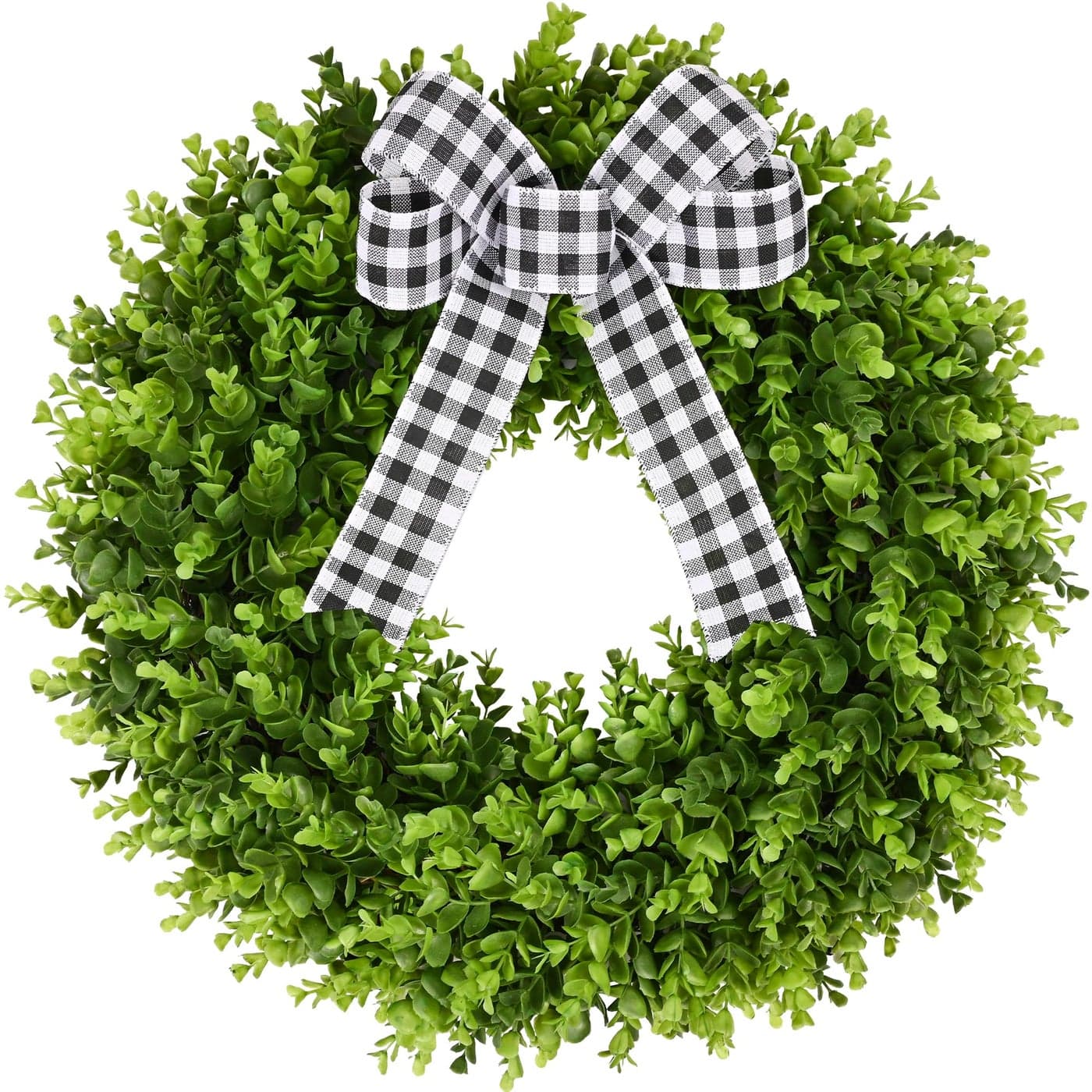 Vlorart 24 Faux Round Boxwood Wreath Artificial Boxwood Wreath Front Door Wreaths Artificial Spring Summer Greenery Hanging with A Plaid Bow and sash for Front Door Wall Hanging Window Wedding Decor