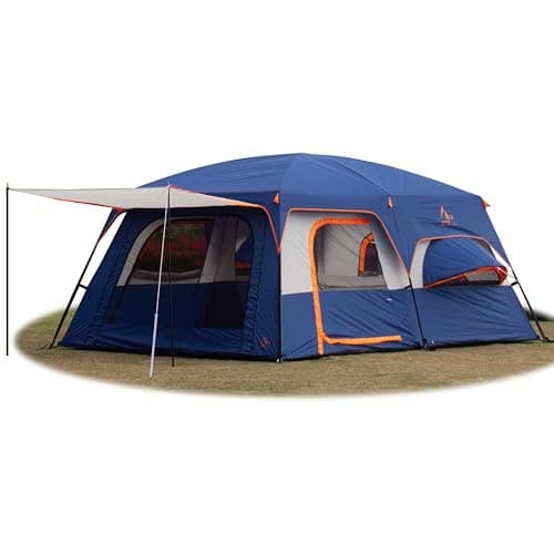 KTT Extra Large Tent 12 Person,Family Cabin Tents,2 Bay-Windows,2 Rooms and 3 Doors 3 Windows with Mesh,Waterproof,Straight Wall,Double Layer,Big Tent for Outdoor,Picnic,Camping(Dark Blue)