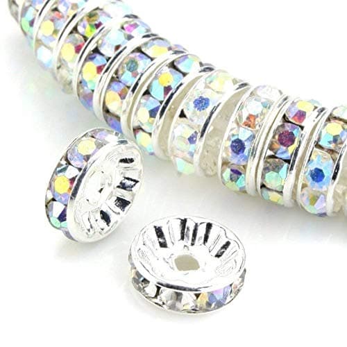 Allb 100Pcs Rondelle Spacer Beads 10mm Silver Plated Czech Crystal Rhinestone for Jewelry Making Loose Beads for Bracelets