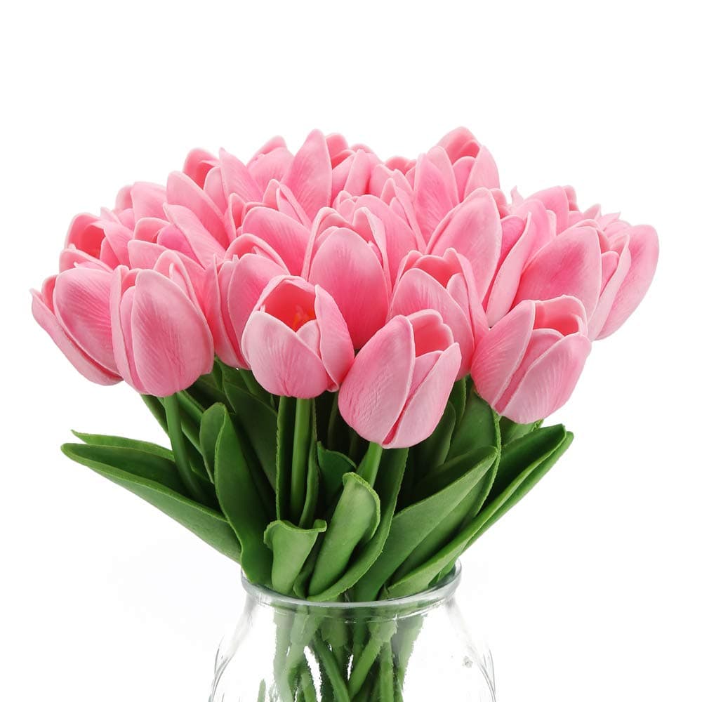 IPOPU Pink Tulips Artificial Flowers 24PCS Real Touch Faux Flowers for Home Decoration Wedding Bouquet Party Baby Shower Centerpieces Bridal Bouquet Decor