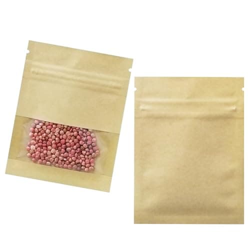 FERENLI 100 Pack 35x51 inch Small Resealable Seed Coin Envelopes Bags with Clear Window Brown Kraft Paper Heat Seal Packets for Flower Vegetable Seeds Storage Party Favor Pet Food Sample Bag