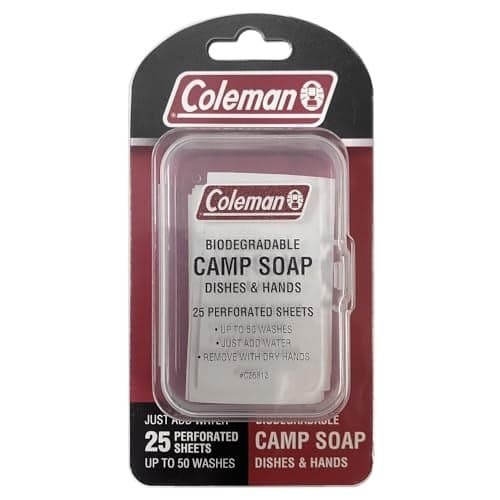 Coleman Camp Soap Sheets – 25 Travel Soap Sheets for Camping, Hiking & Backpacking – Perforated for 50 Washes, Dissolves Instantly in Hot or Cold Water, TSA-Approved for Travel