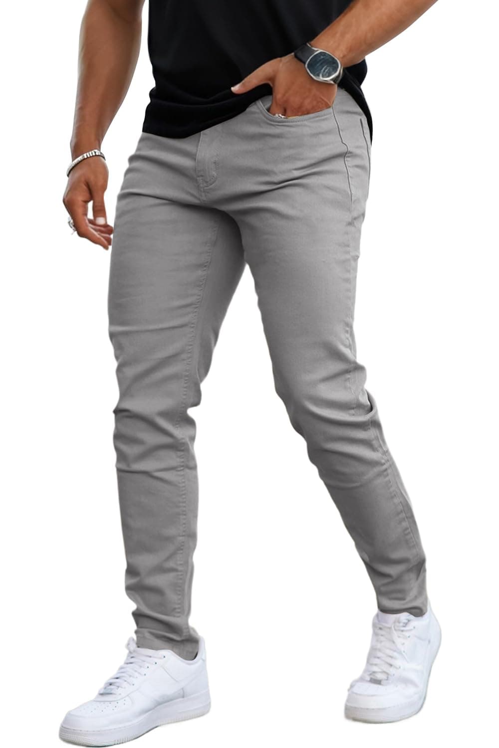 GINGTTO Grey Jeans Men Skinny Slim Fit Elastic Waist Tapered Leg Designer Pants(32W x 30L, Grey)