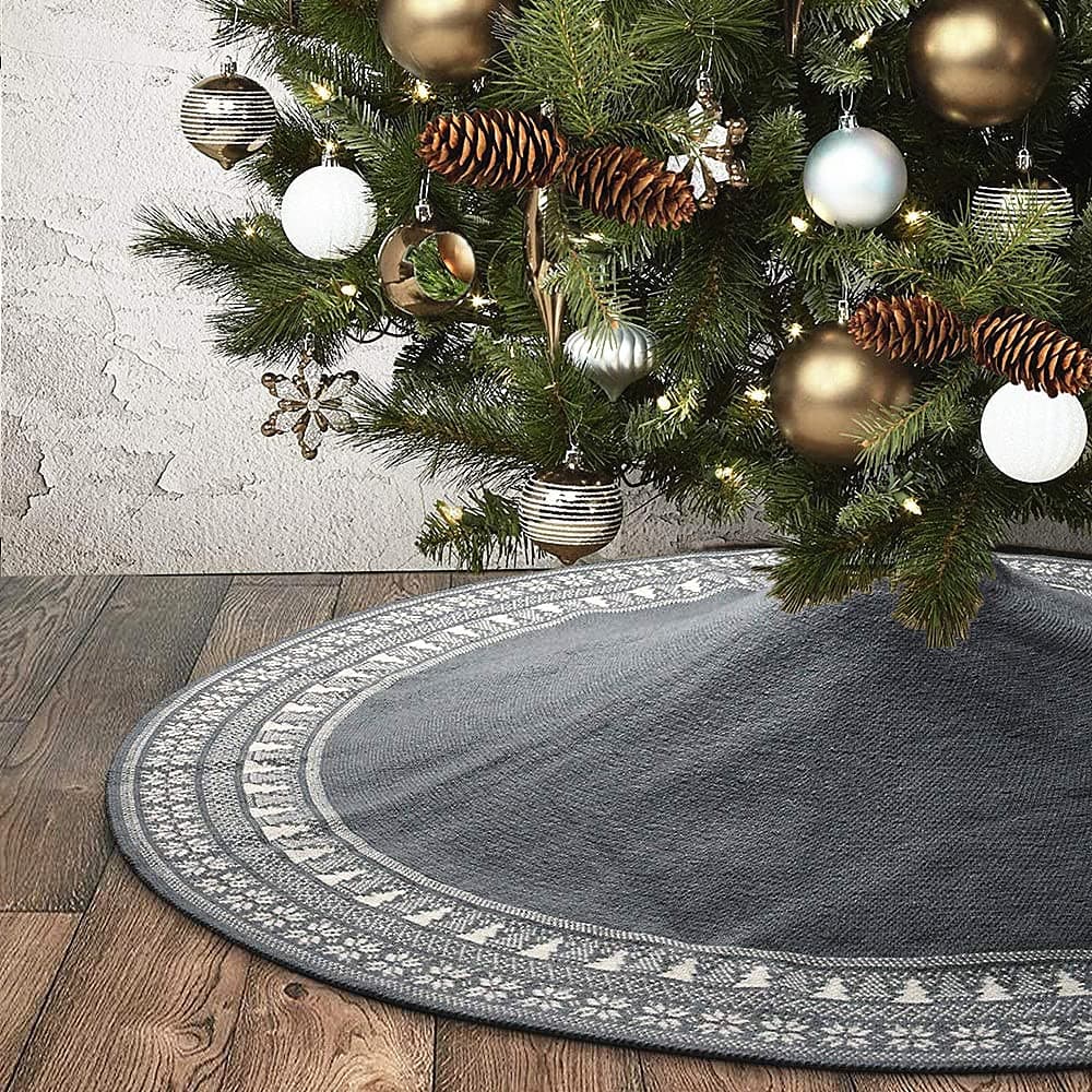 Dremisland Luxury Cable Knitted Thick Rustic 36 Round Grey Christmas Tree Skirt with Snowflake Xmas Tree Farmhouse Decor
