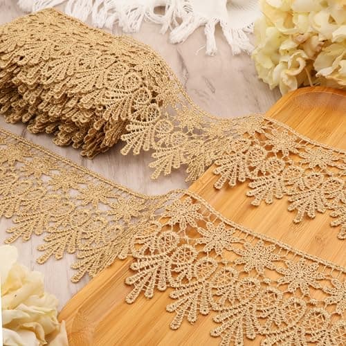 Golden Lace Trim 75 Yards Wide Embroidered Floral Trim Edge Venise Lace Ribbon for Wedding Dress Crafting Costume Design DIY Apparel Embellishment Home Decor
