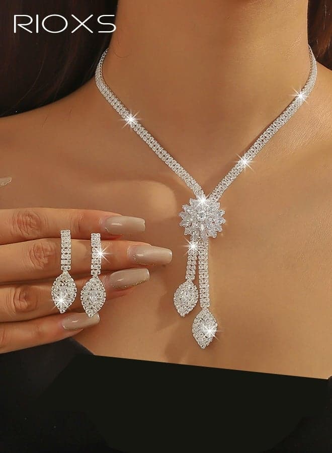 2 Pcs Rhinestone Jewelry Set for Women, Silver Glitter Flower Crystal Earrings and Necklaces, Sparkly Dainty Costume Wedding Party Jewelry Set for Bride, Bridesmaid, Mom, Girlfriend, Sister and Your Loved