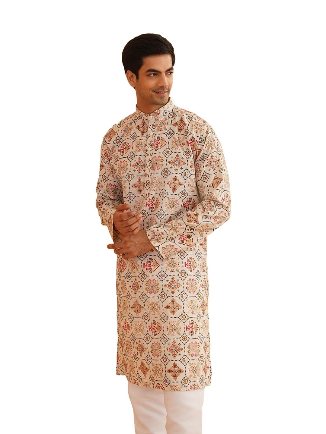 SOJANYA (Since 1958 Men's Cotton Blend Printed Cream Only Long Kurta