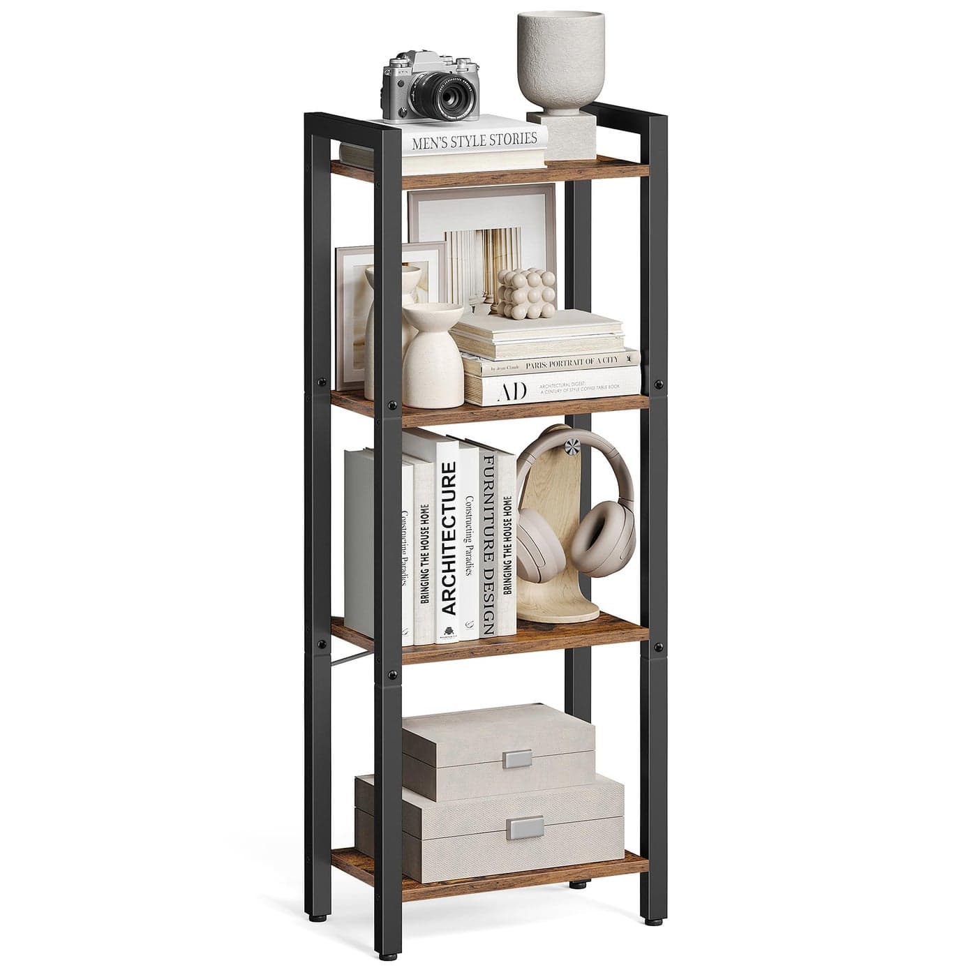VASAGLE 4Tier Bookshelf Bookcase with Steel Frame Book Shelf for Living Room Home Office Study 94 x 157 x 42 Inches Industrial Style Rustic Brown and Ink Black ULLS099B01