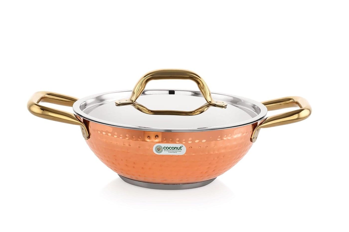 coconut Serene Stainless Steel Copper Polish Hammered Design Capsulated Kadai for Cook n Serve - 1 Unit - Capacity - 2000ML