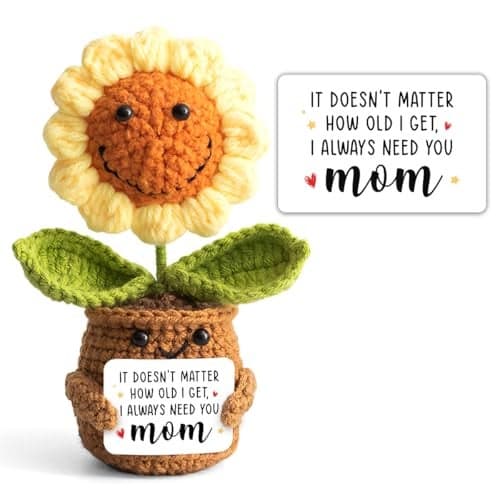 Mom Valentine Gift From Daughter, Son - Mini Support Crochet Flowers Sunflower, I Always Need You Mom Card - Mother Birthday Gifts, Mother's Day, Christmas Presents for Bonus Step Mama