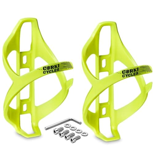 corki Cycles Bike Water Bottle Holder Right Side Load Water Bottle Cage for Road, MTB, Gravel Bicycles Lime Punch 2 Pack
