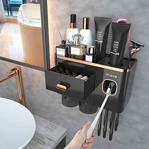 iHave Toothbrush Holders for Bathrooms Upgrade Wall Mounted Toothbrush Holder with Toothpaste Dispenser 2 Cups Large Capacity Tray Cosmetic Drawer Bathroom Decor Bathroom Accessories